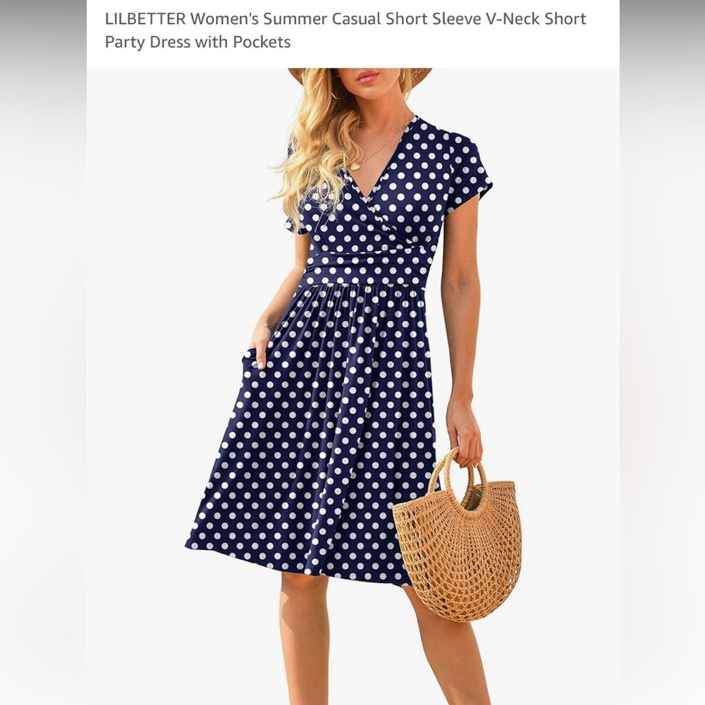 Navy Polkadot Casual Dress with Pockets